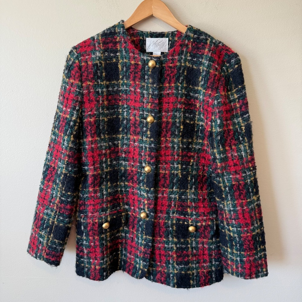 Lord & Taylor Wool Mohair Boucle Plaid Jacket 8 Red Green Gold Blazer Holiday‎